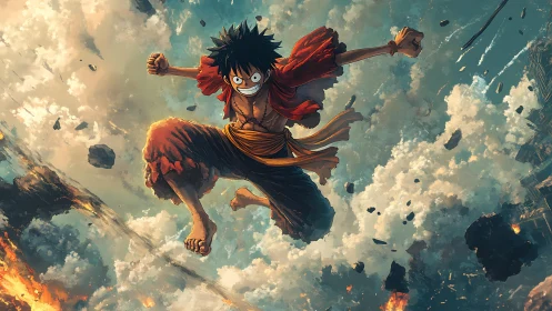 Animated figure descends through fragmented sky and debris