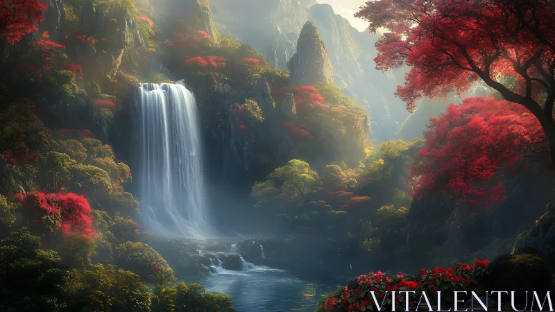 Waterfall amid forested cliffs with red foliage accents.