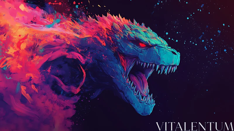 Flaming neon dragon roars boldly from a storm of color
