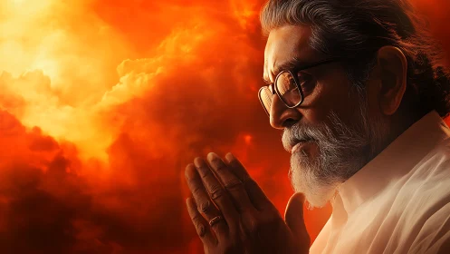 Elderly man with folded hands stands before intense orange sky