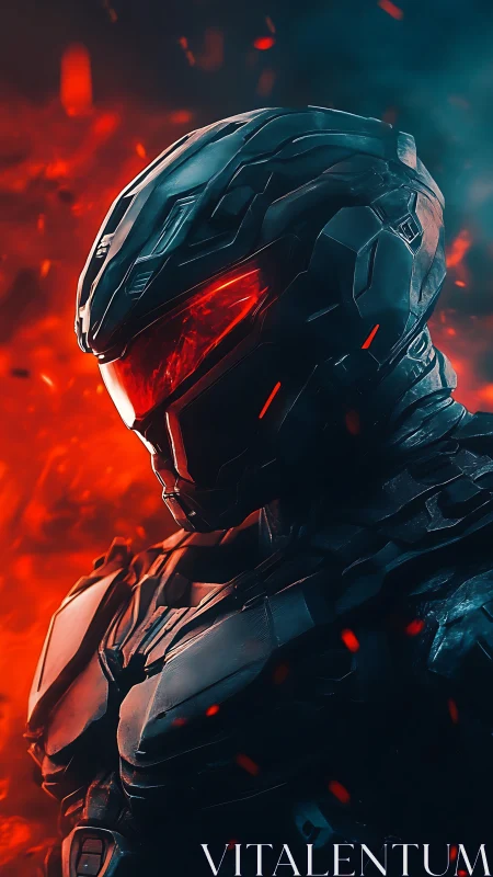 Armored figure stands in red-illuminated, high-contrast scene