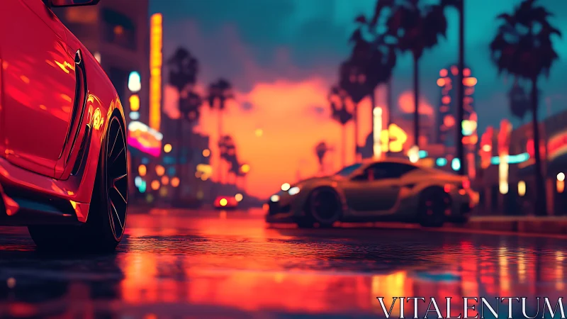 Low-slung sports cars glow on neon-soaked sunset streets.