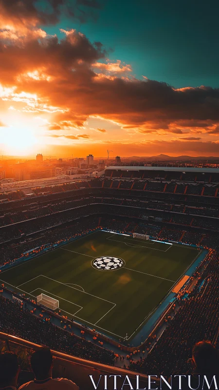 Sunlit football stadium glows under dramatic sunset sky