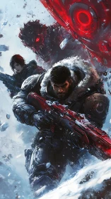 Armored soldiers advance through icy battlefield under red threat.