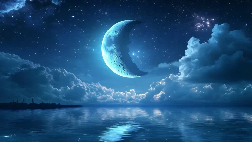 Crescent moon floats above reflective ocean under starry sky