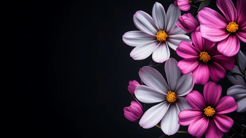 Cosmos Bipinnatus Pink and White Flowers with Golden Stamens on Black.