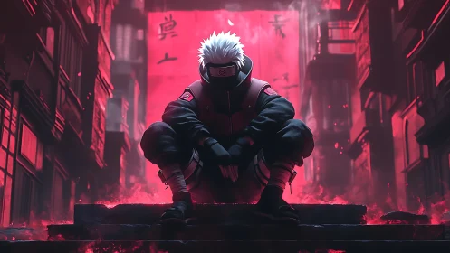 Neon ninja pause on smoky city steps at crimson dusk.