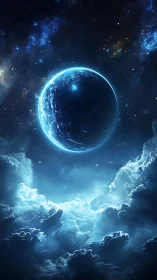 Luminous blue planet hovers above storm-laden cloud sea