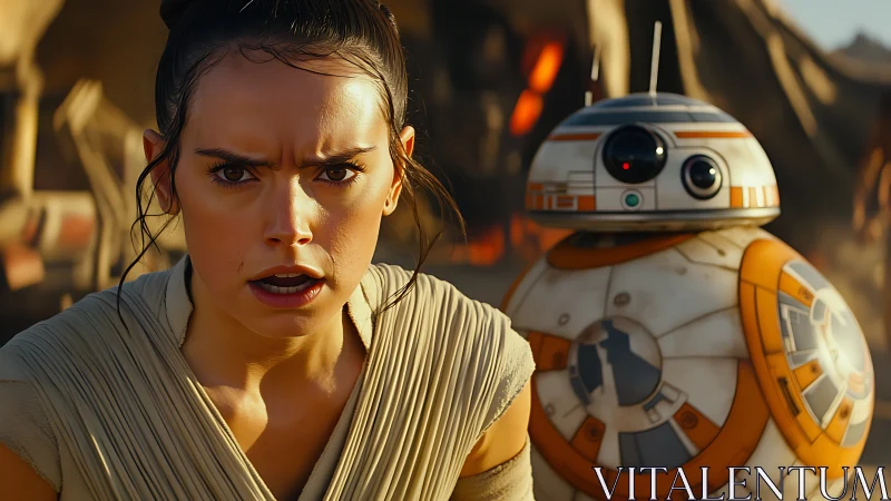 Woman with spherical droid stands in harsh desert sunlight