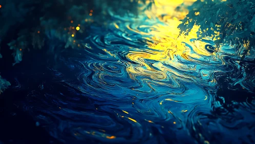 Digital painting of luminous rippling water under foliage canopy.