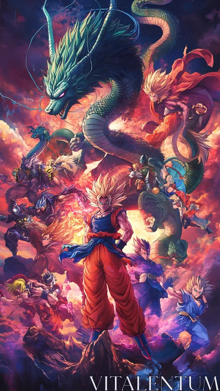 Dynamic Dragon Ball Z ensemble rendered in vivid anime energy