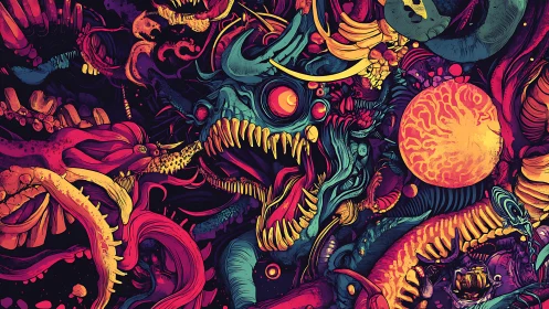 Chromatic abyss monster devours a swirling alien universe