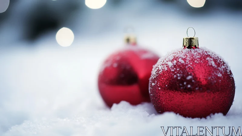 Crimson snow-kissed baubles resting in a winter hush.