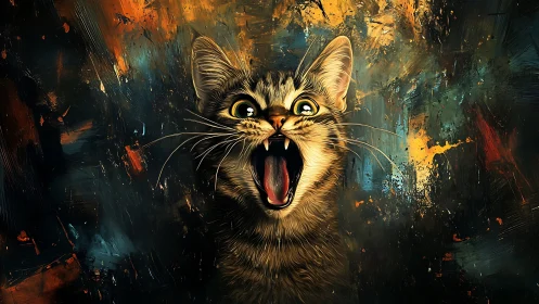 Delighted Cat Captured in Bold, Vibrant Oil Art.