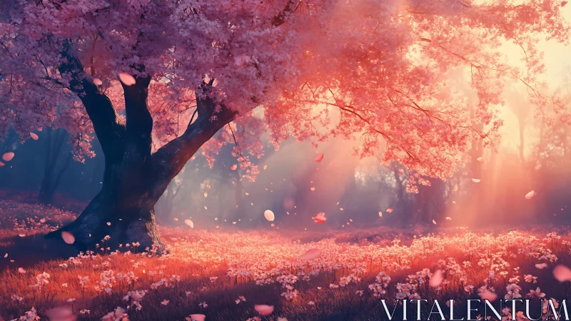 Pink blossom tree in glowing misty forest at sunrise.