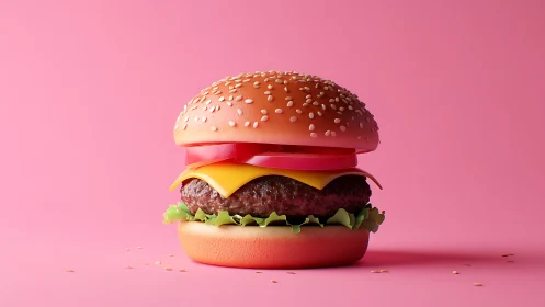 Sesame seed cheeseburger rendered on uniform pink background.