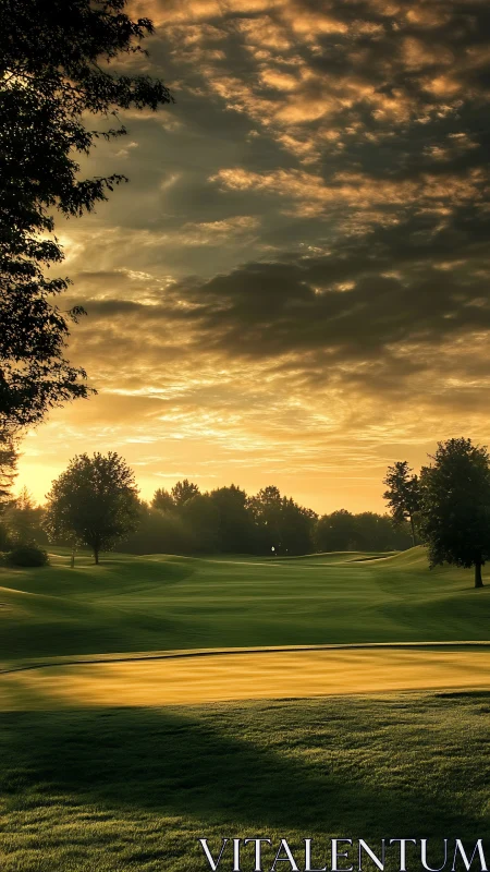 Sunrise-illuminated golf fairway under stratocumulus canopy.