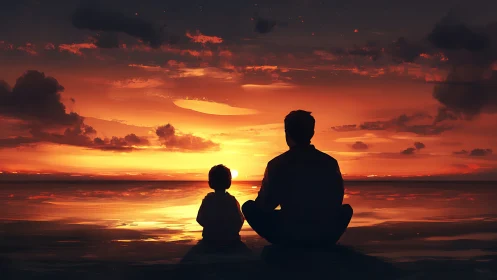 Quiet sunset bonding between parent and child by the sea.