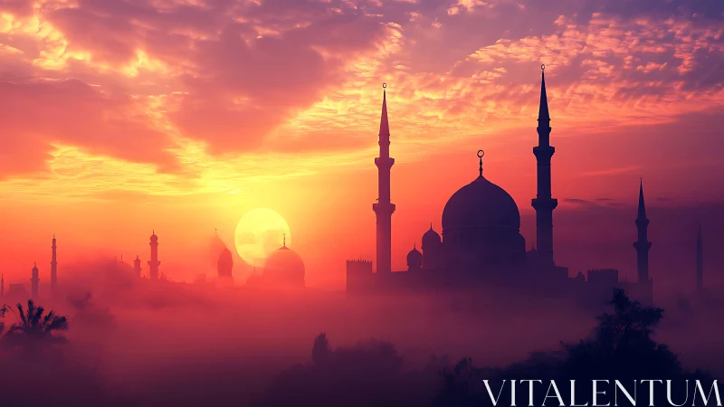 Atmospheric mosque skyline in chromatic volumetric sunrise mist.