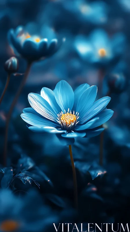Luminous Blue Flower with Golden Center in Twilight.
