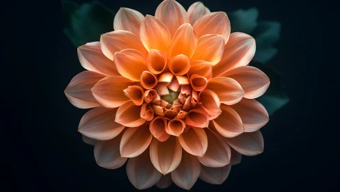 Dahlia in Coral: Layered Petals Against Dark Backdrop.