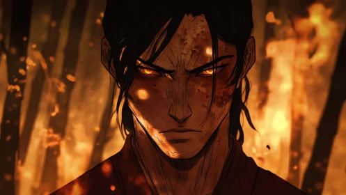 Fierce anime warrior with burning eyes amid forest fire.