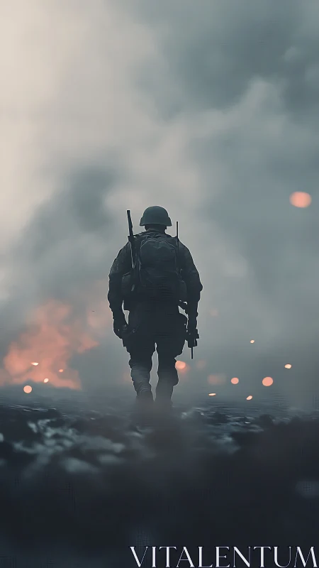 Lone soldier walking through smoke on a dark battlefield.