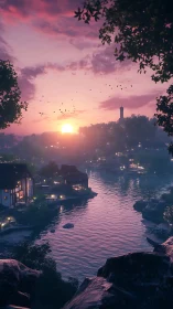 Riverside settlement at sunset under diffuse pink light.