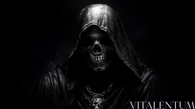 Hooded skeletal reaper portrait with high‑contrast lighting detail.