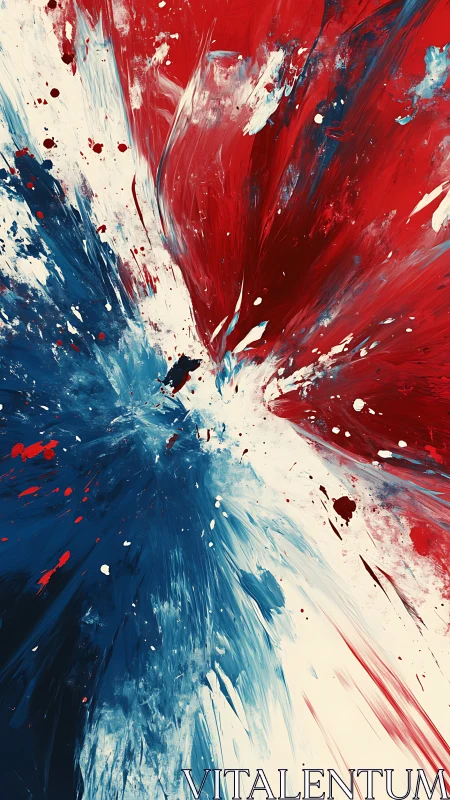 Vertical abstract canvas with intersecting red and blue paint.