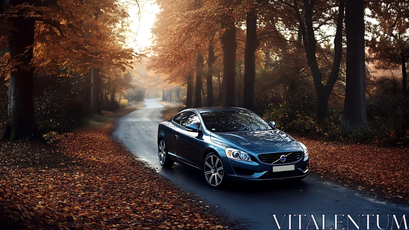 Metallic blue coupe on wet forest lane under autumn canopy.