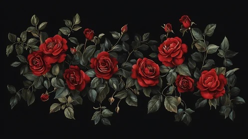 Red roses arranged horizontally against dark background