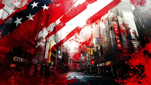 Dynamic flag overlay fragments dense neon-lit Asian city street