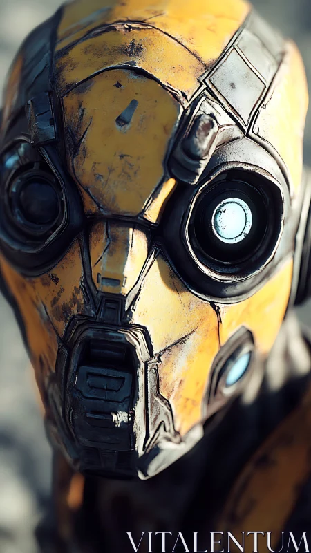 Yellow weathered humanoid robot head in close-up view.