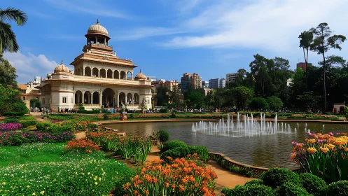 Palatial garden pavilion crowned by fountains and city sky.