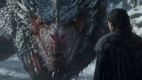 Photoreal dragon close-up confronting cloaked figure in snow