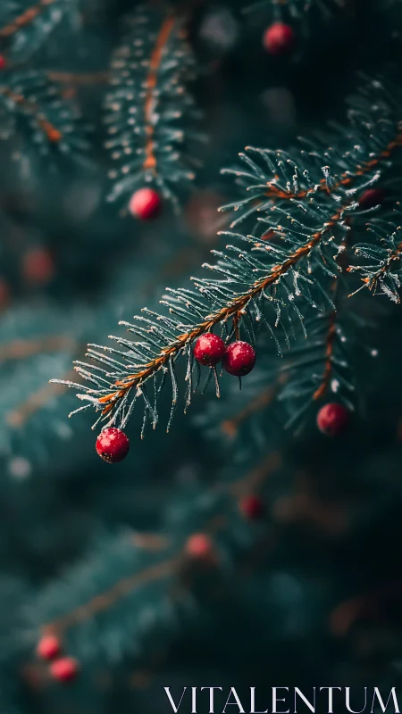 Frosted evergreen branch glows with vibrant red winter berries
