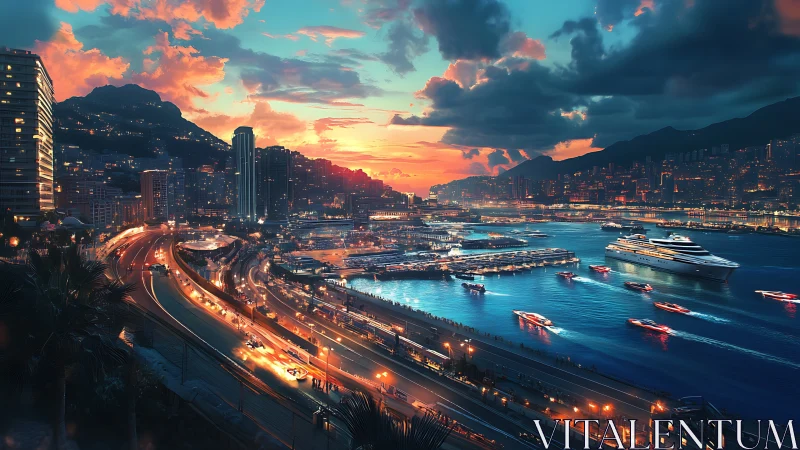 Neon lit coastal city harbor at sunset with busy traffic.