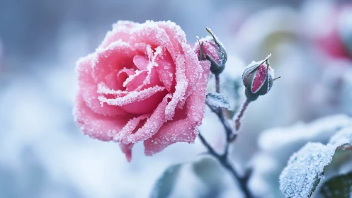 Frost-Encrusted Pink Rose Bloom with Crystalline Ice Coating