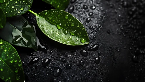 Wet green leaves glow over dark stone with scattered droplets.