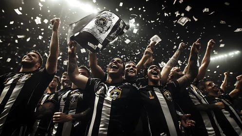 Football team in striped kits during stadium celebration.