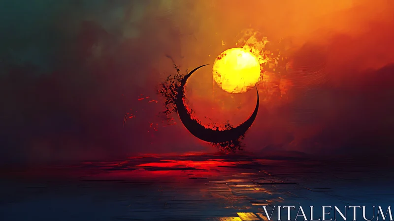 Luminous solar orb intersecting disintegrating crescent horizon.