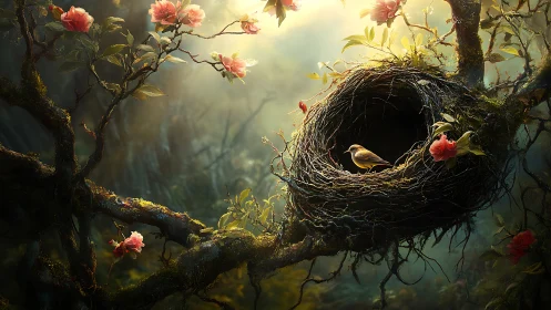 Forest cradle of light where a tiny golden songbird waits.