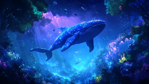 Cosmic blue whale drifts through a glowing coral dreamscape