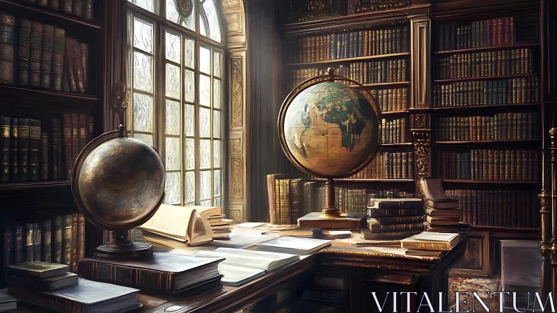 Illuminated cartographic study in a walnut panel library.