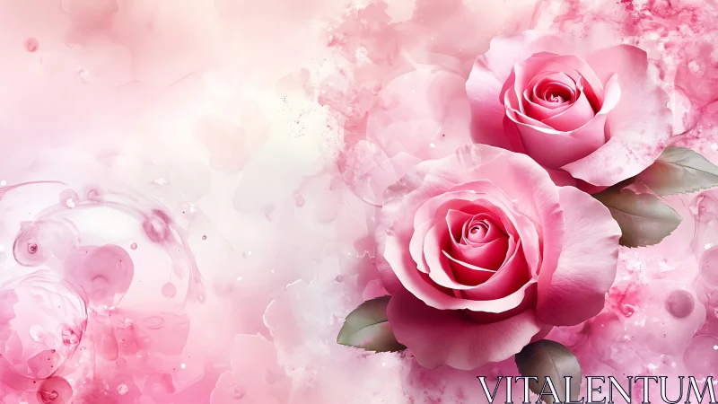 Pink Roses with Watercolor Splashes.