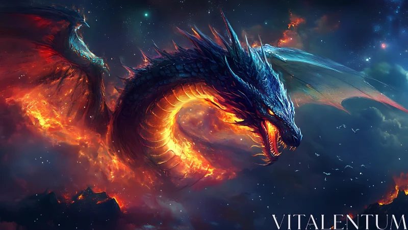 Luminescent voidfire dragon in cinematic arc composition.