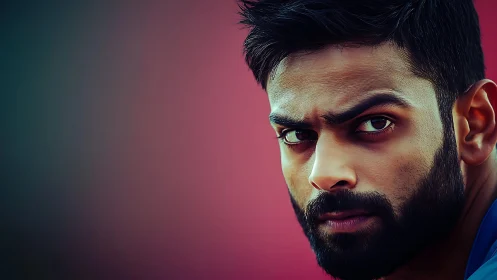 Intense male portrait rendered against soft bokeh gradient backdrop