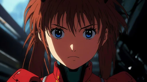 Close frontal view shows anime pilot in red suit glaring