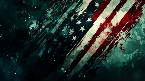 Storm swept American flag streaked through turbulent color.
